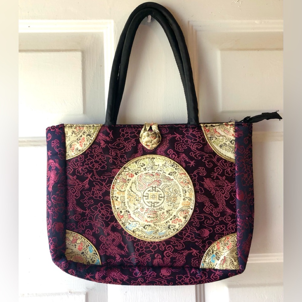 Asian Inspired Purple Black Dragon Motif Gold Embroidered Medallion Medium Purse